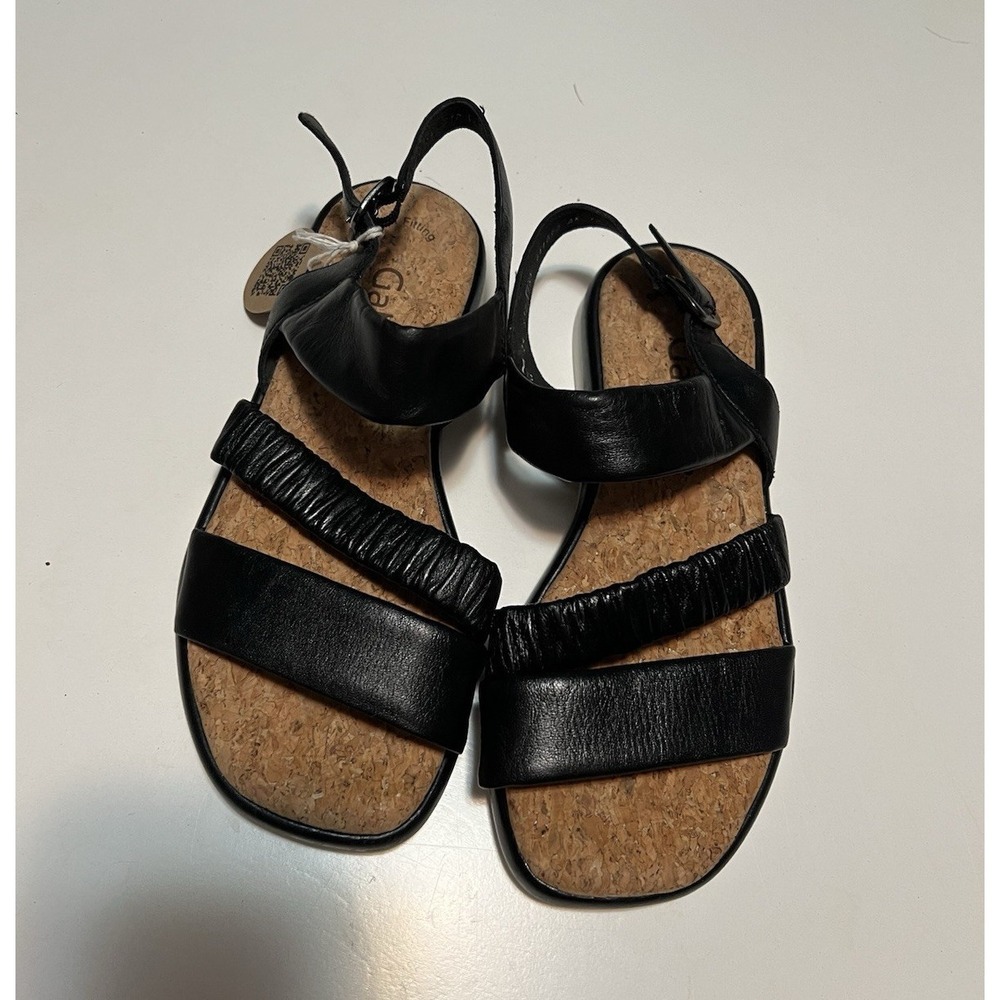 Gabor Women's Black Leather Strappy Flat Sandals Ankle Strap Cork Footbed 8